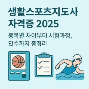 생활스포츠지도사 자격증 준비를 상징하는 일러스트 – 다양한 운동 종목 아이콘과 함께 시험과정·연수 과정을 설명하는 교육 이미지