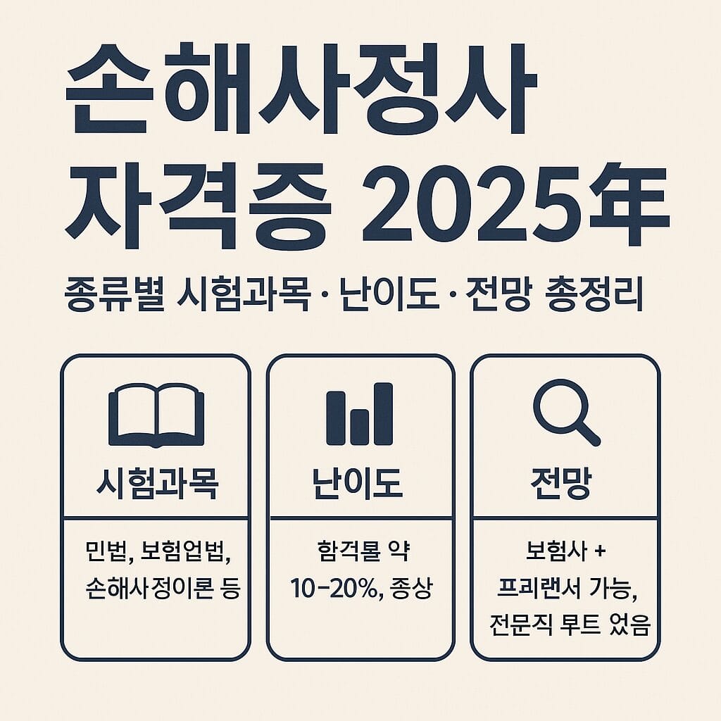손해사정사 자격증 2025년 대표이미지 – 종류, 시험과목, 난이도, 전망을 한눈에 정리한 한국어 정보 그래픽입니다. 민법, 보험업법 등 시험과목과 합격률, 취업 전망을 설명하며, 손해사정사 시험 준비생에게 유용한 요약 이미지입니다.