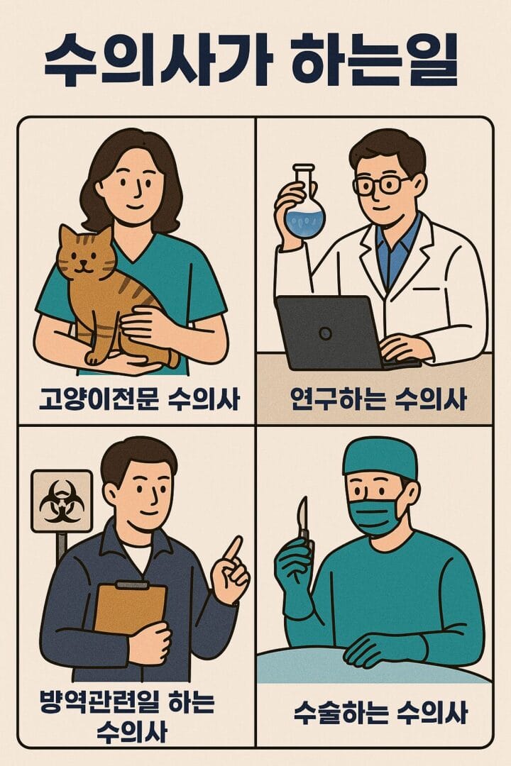 수의사 되는법을 알아보는 사람들을 위한 참고 이미지 – 고양이전문 수의사, 연구하는 수의사, 방역 수의사, 수술하는 수의사까지 수의사가 할 수 있는 다양한 진로와 역할을 한눈에 보여줌