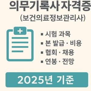 의무기록사 자격증 2025 – 자격조건, 시험과목, 연봉, 협회 등록까지 한눈에 정리된 대표 이미지. 진료기록과 의료데이터를 다루는 전문가를 상징하는 그래픽과 병원 배경이 함께 구성됨.