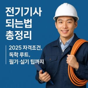 "전기공사 작업복과 흰 안전모를 착용한 젊은 남성이 파란 배경 앞에서 주황색 전선과 파란 클립보드를 들고 미소 짓고 있다. 왼쪽에는 '전기기사 되는법 총정리 ｜ 2025 자격조건, 독학 루트, 필기·실기 팁까지'라는 흰색 한글 텍스트가 정리되어 있다."