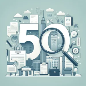 2025년 직장구하기를 위한 직업종류 50선 대표 이미지, 이력서, 서류가방, 확대경 아이콘 포함
