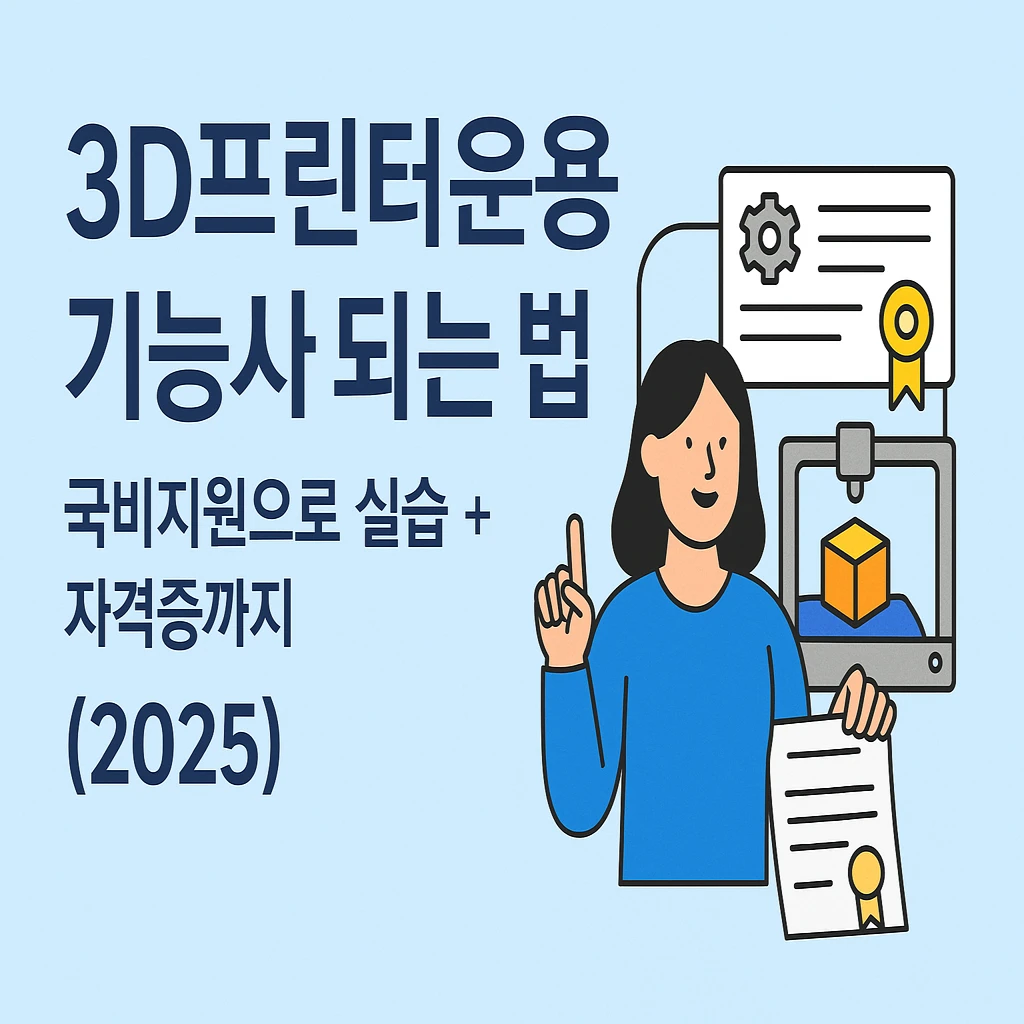 3D프린터와 모델링 화면이 함께 나타난 디지털 그래픽 – 3D프린터 자격증 취득과 실습 과정을 상징하는 이미지