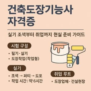 건축도장기능사 자격증 안내 배너 – 시험 구성(필기·실기), 실기 절차(조색→퍼티→도포), 취업 루트(도장업체·건설현장)를 시각적으로 정리한 정보형 일러스트 이미지.